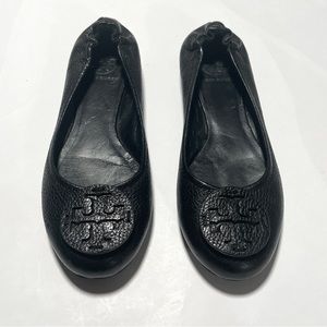 TORY BURCH Black Leather Logo Ballet Flat Shoes
